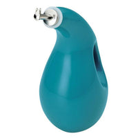 24-ounce teal ceramic EVOO bottle equipped with a stainless steel pour spout for precise pouring.