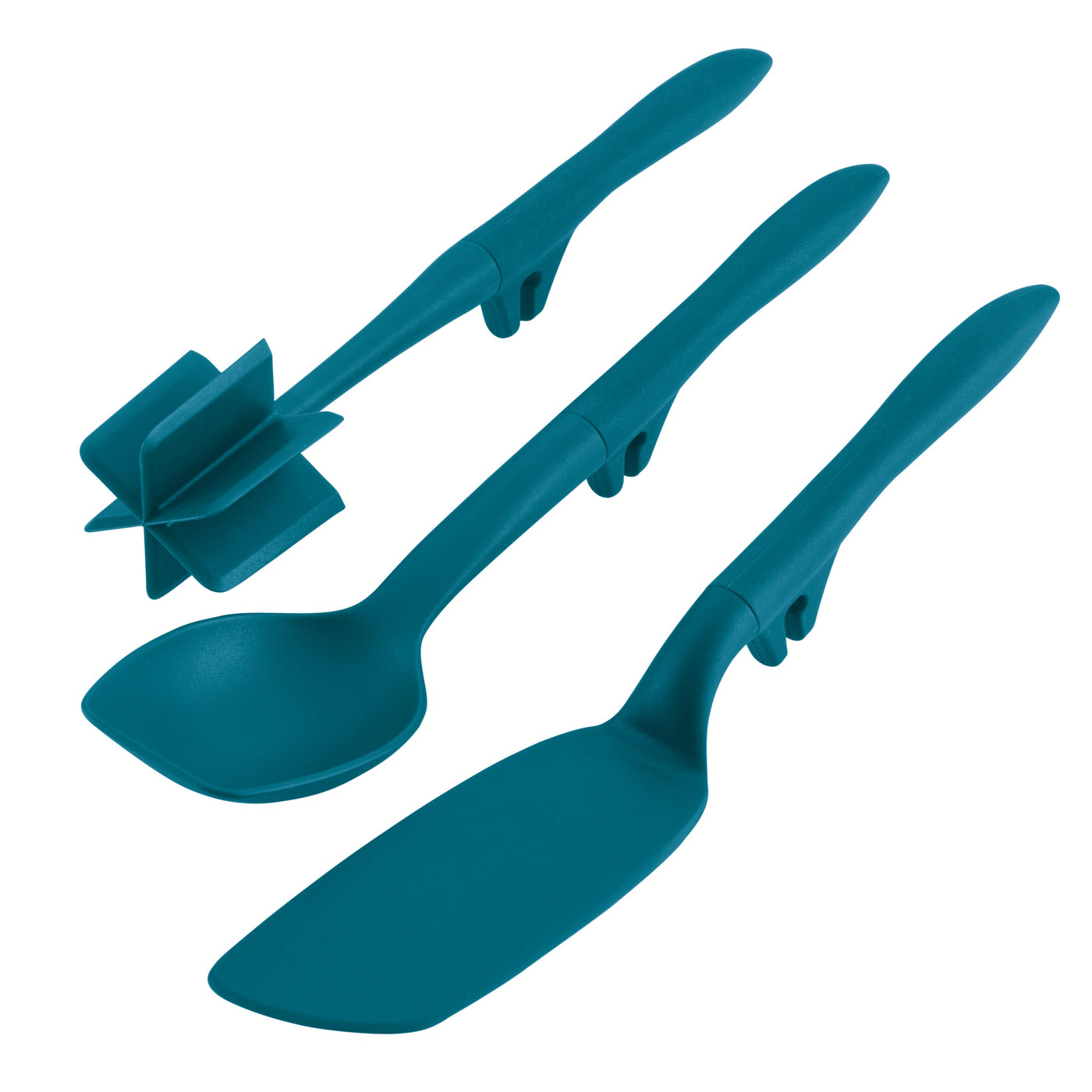 Introducing the 3-Piece Lazy Tool Set: Crush & Chop, Turn—featuring a spatula, spoon, and chopper in teal. Crafted from durable nylon, these tools are heat safe up to 400°F and ideal companions for nonstick cookware.