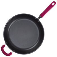 12.5-inch nonstick induction frying pan with dual red silicone grip handles.