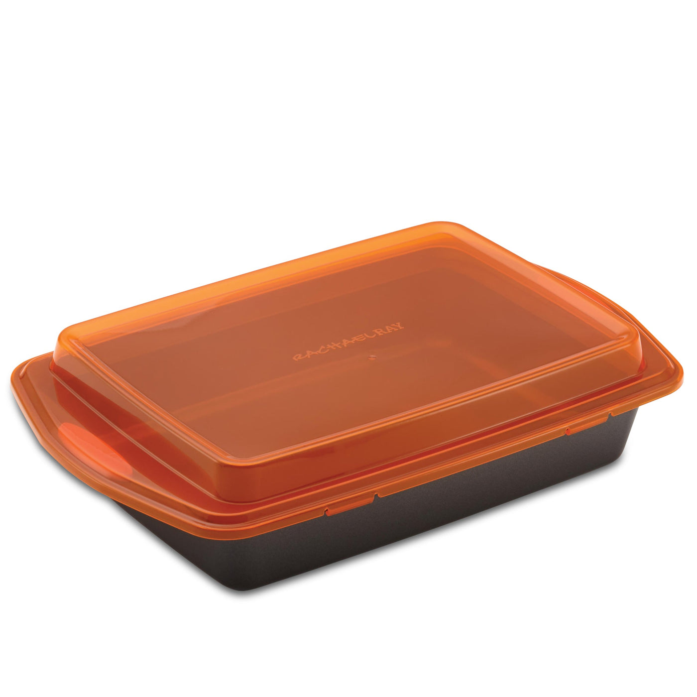 9-Inch x 13-Inch Nonstick Rectangular Cake Pan with Lid in black and orange, constructed from heavy gauge steel and equipped with a BPA-free lid for safe storage.