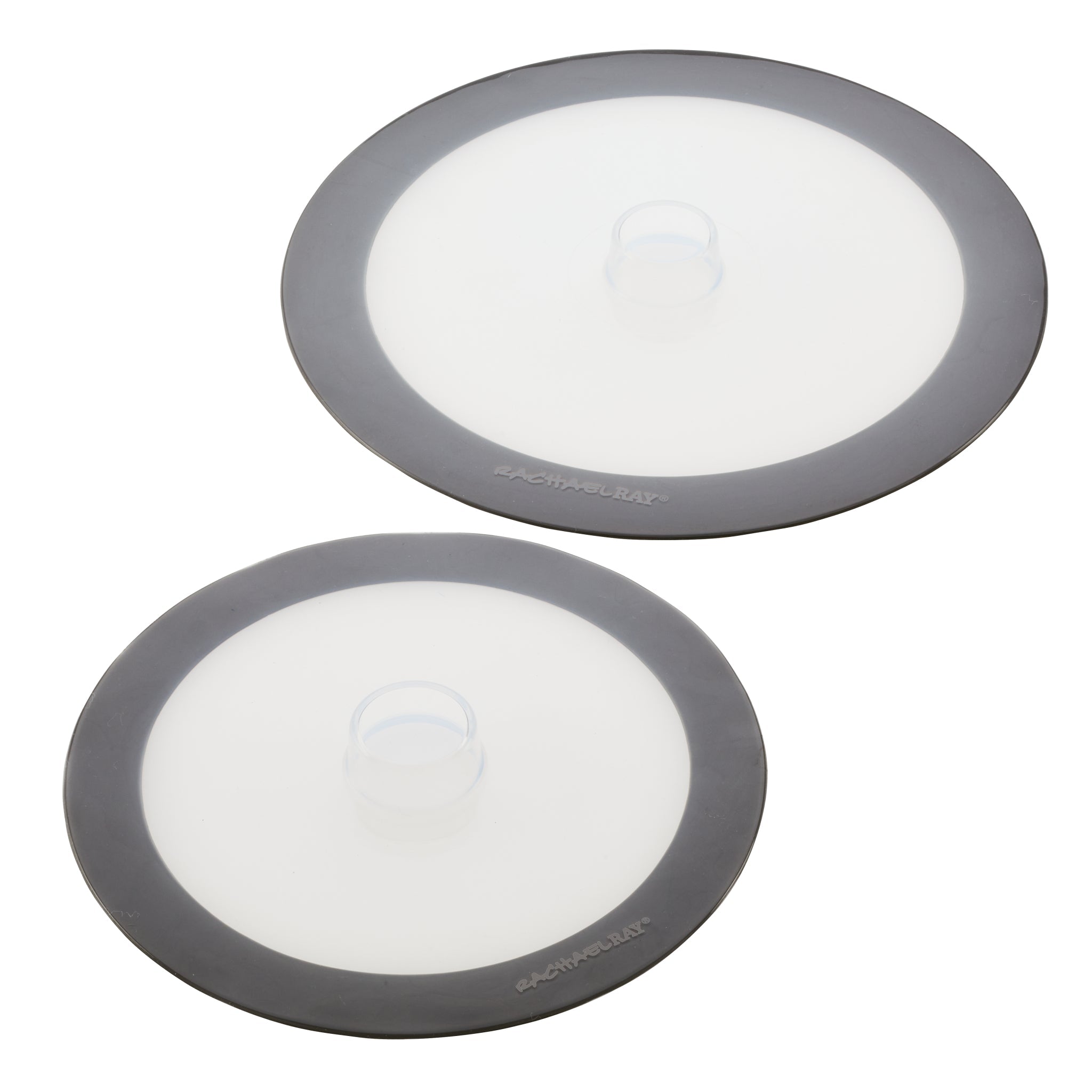 The 2-Piece Silicone Suction Lid Set includes two round lids with grey rims and clear pull tabs, providing a durable silicone design. These versatile, multi-use lids create an airtight seal for various containers.