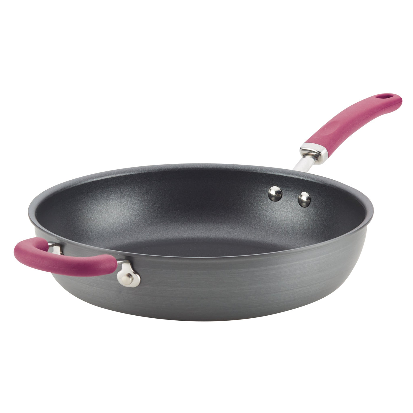 12.5-inch gray nonstick deep frying pan with pink helper handles, oven safe.