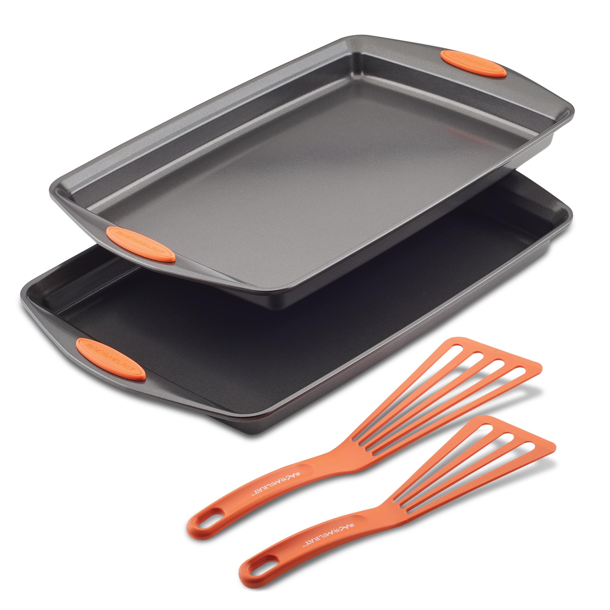 Introducing the 4-Piece Nonstick Sheet Pan and Turner Set, featuring two baking pans with orange handles and two matching spatulas, all designed to be oven safe and dishwasher-safe for your convenience.