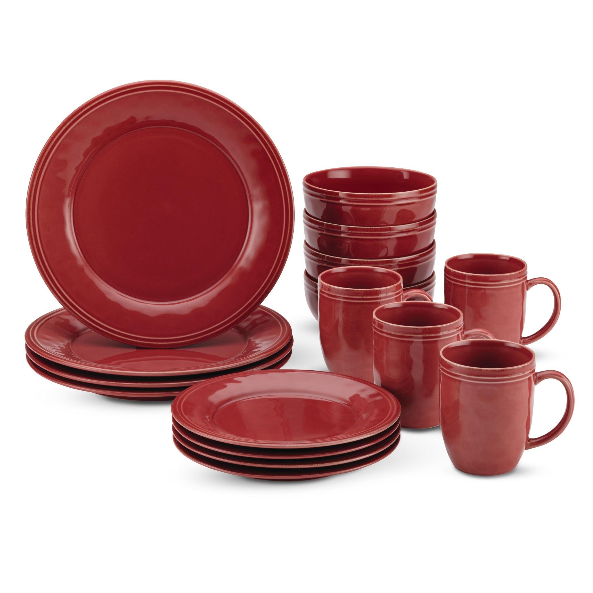The 16-Piece Dinnerware Set is available in red and includes plates, bowls, and mugs. Each piece showcases a handcrafted texture and is designed to be dishwasher safe for added convenience.