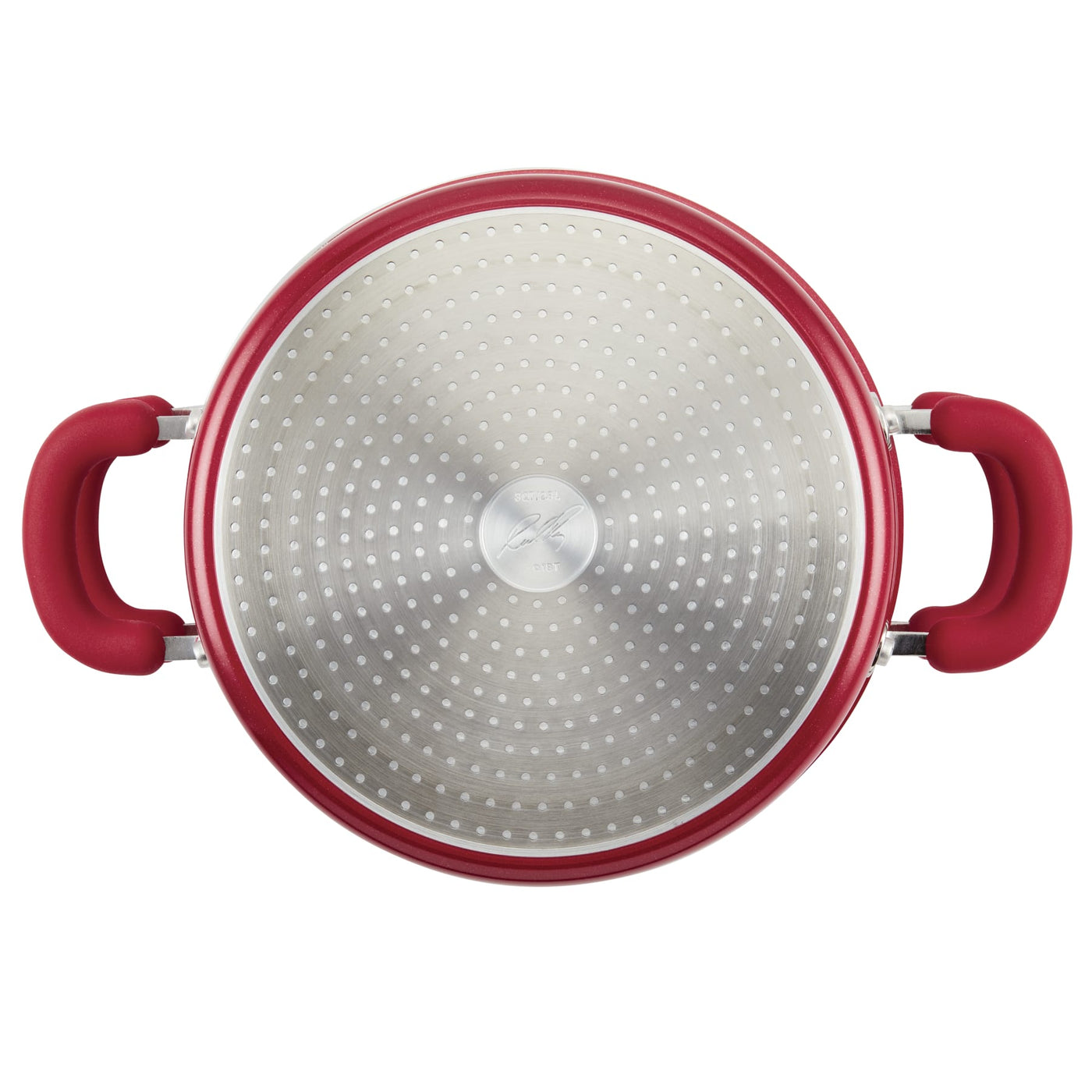 Top view of 3-Quart Nonstick Induction Steamer Set with red handles and holes.