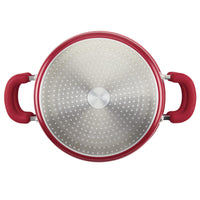 Top view of 3-Quart Nonstick Induction Steamer Set with red handles and holes.
