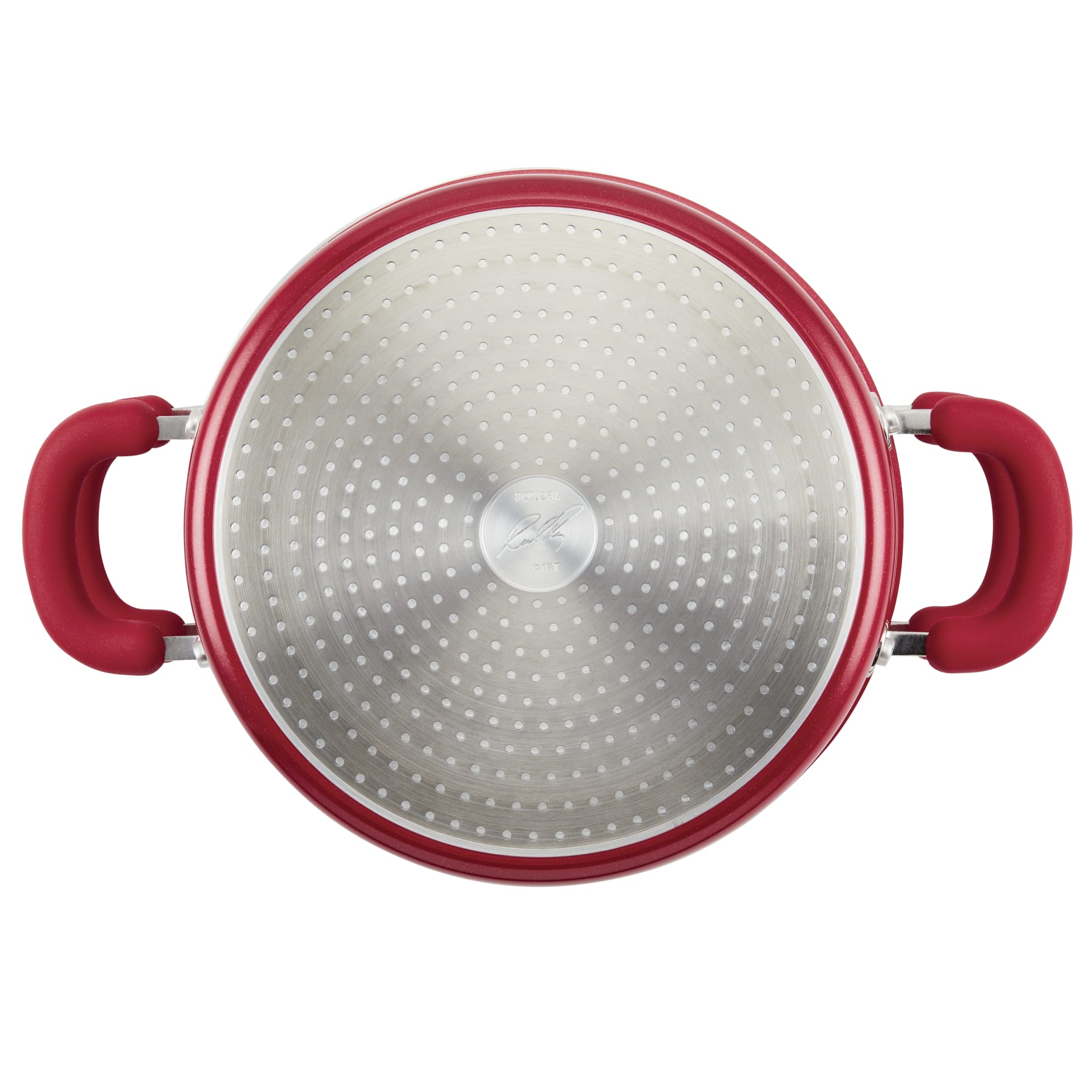 Top view of 3-Quart Nonstick Induction Steamer Set with red handles and holes.