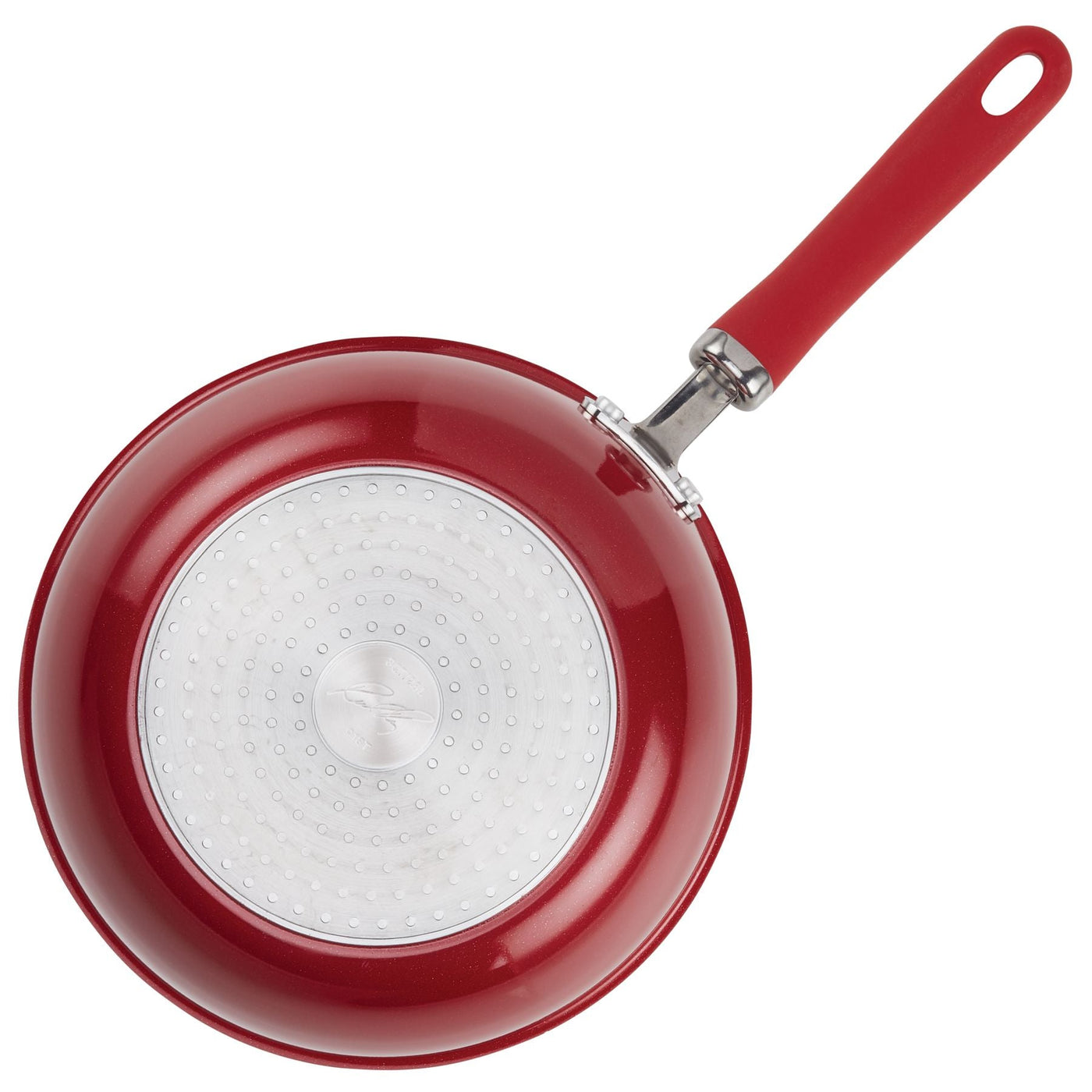 3-Quart Nonstick Induction Everything Pan, red, silver base, dishwasher safe.