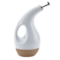 The 24-ounce EVOO Bottle boasts a curved white and brown design with a convenient built-in handle, complemented by a stainless steel pour spout for precision pouring.