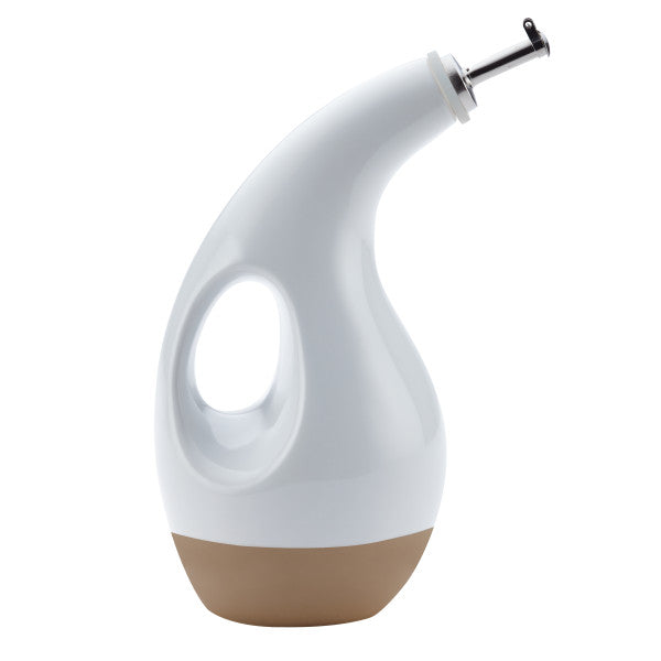The 24-ounce EVOO Bottle boasts a curved white and brown design with a convenient built-in handle, complemented by a stainless steel pour spout for precision pouring.