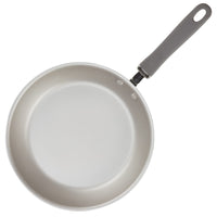 Top view of gray 9.5" and 11.75" nonstick induction frying pans with dark handles.