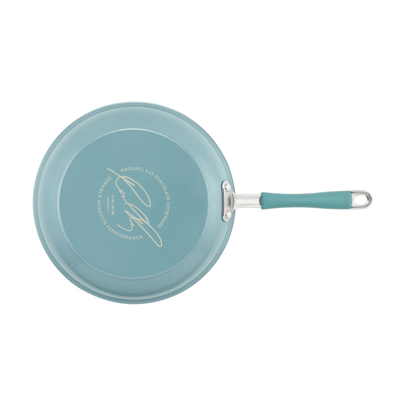 A set of 9.25" and 11" Cucina nonstick frying pans in turquoise, each featuring a durable metal handle, viewed from above and oven safe for versatile cooking.