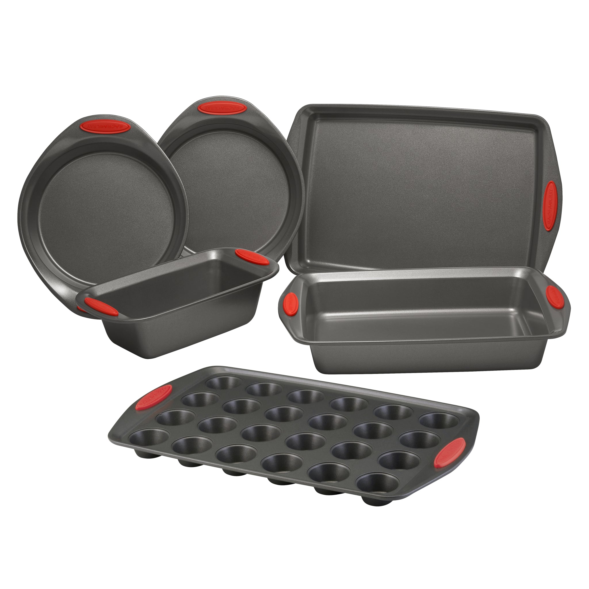 A 6-piece nonstick bakeware set featuring dark gray pans with red silicone handles provides an assortment of shapes, ensuring your culinary creations are oven safe. Ideal for those looking to add Rachael's high-quality bakeware to their kitchen collection.