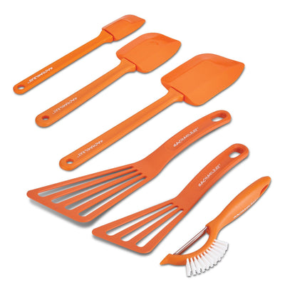 This 6-Piece Kitchen Tool Set, showcasing colorful orange nylon spatulas and a convenient brush, is as stylish as it is functional. Additionally, the pieces are dishwasher safe for effortless cleaning.