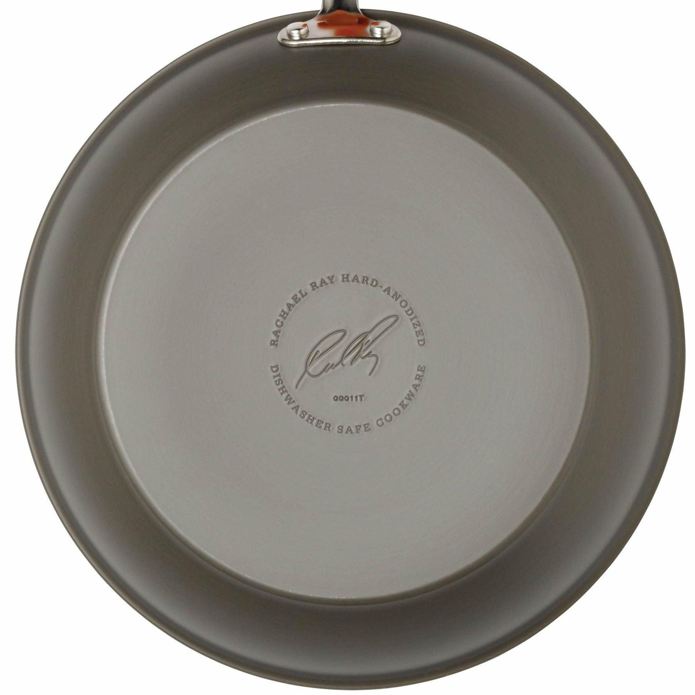 Bottom view of a round, gray pan from the 12-Piece Cucina Hard Anodized Nonstick Cookware Set, crafted from durable aluminum and featuring a label and signature.