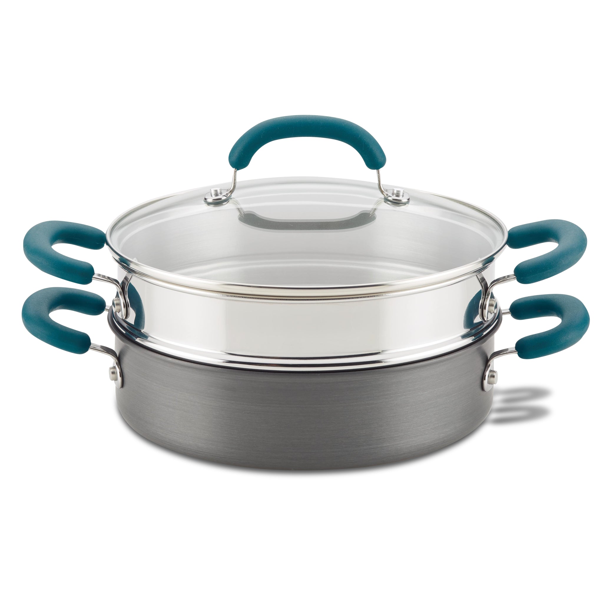 3-Quart Hard Anodized Nonstick Steamer Set with glass lid and blue handles.