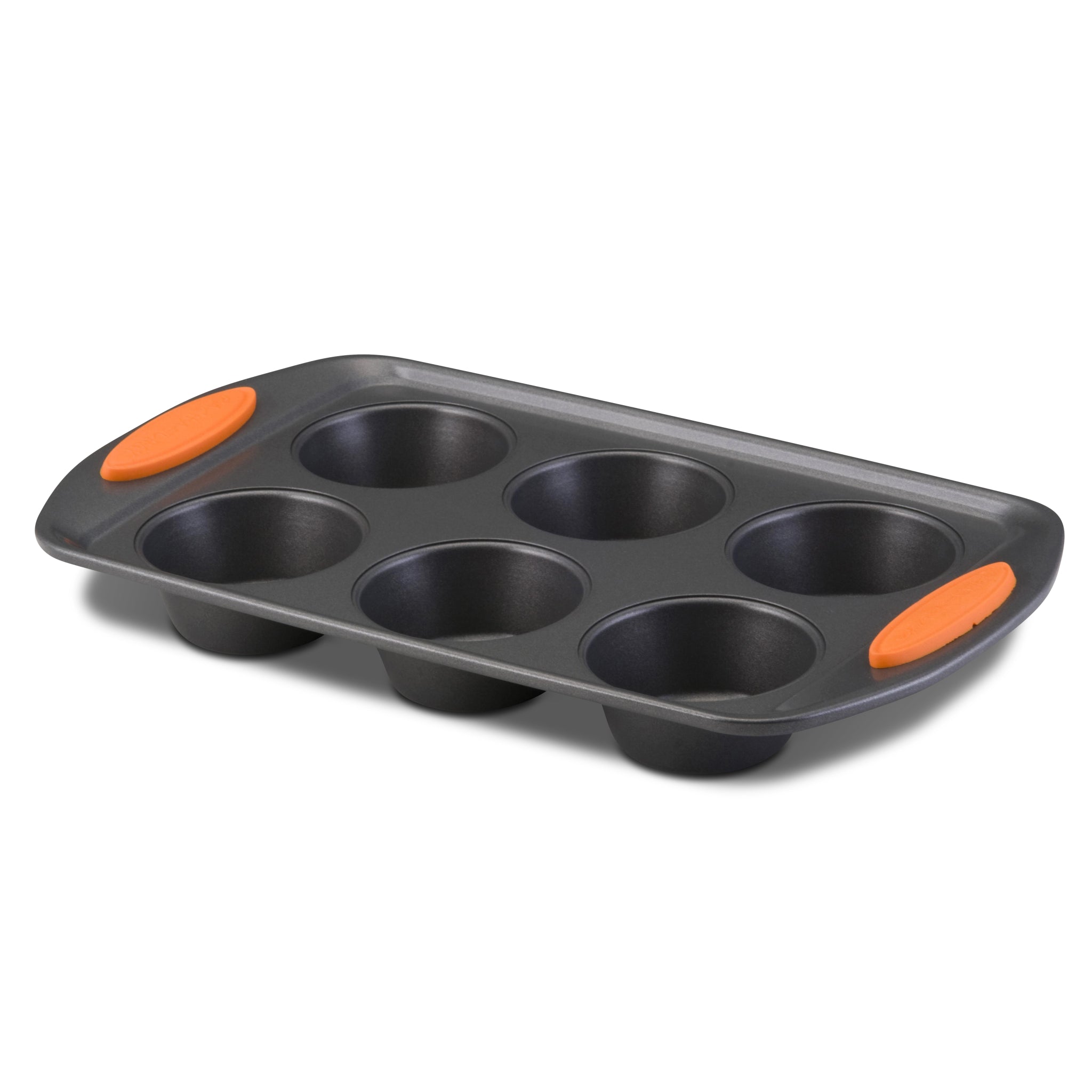 The 6-Cup Nonstick Muffin Pan, crafted from heavy gauge steel, features orange silicone grips for easy handling and is oven safe to enhance your baking convenience.