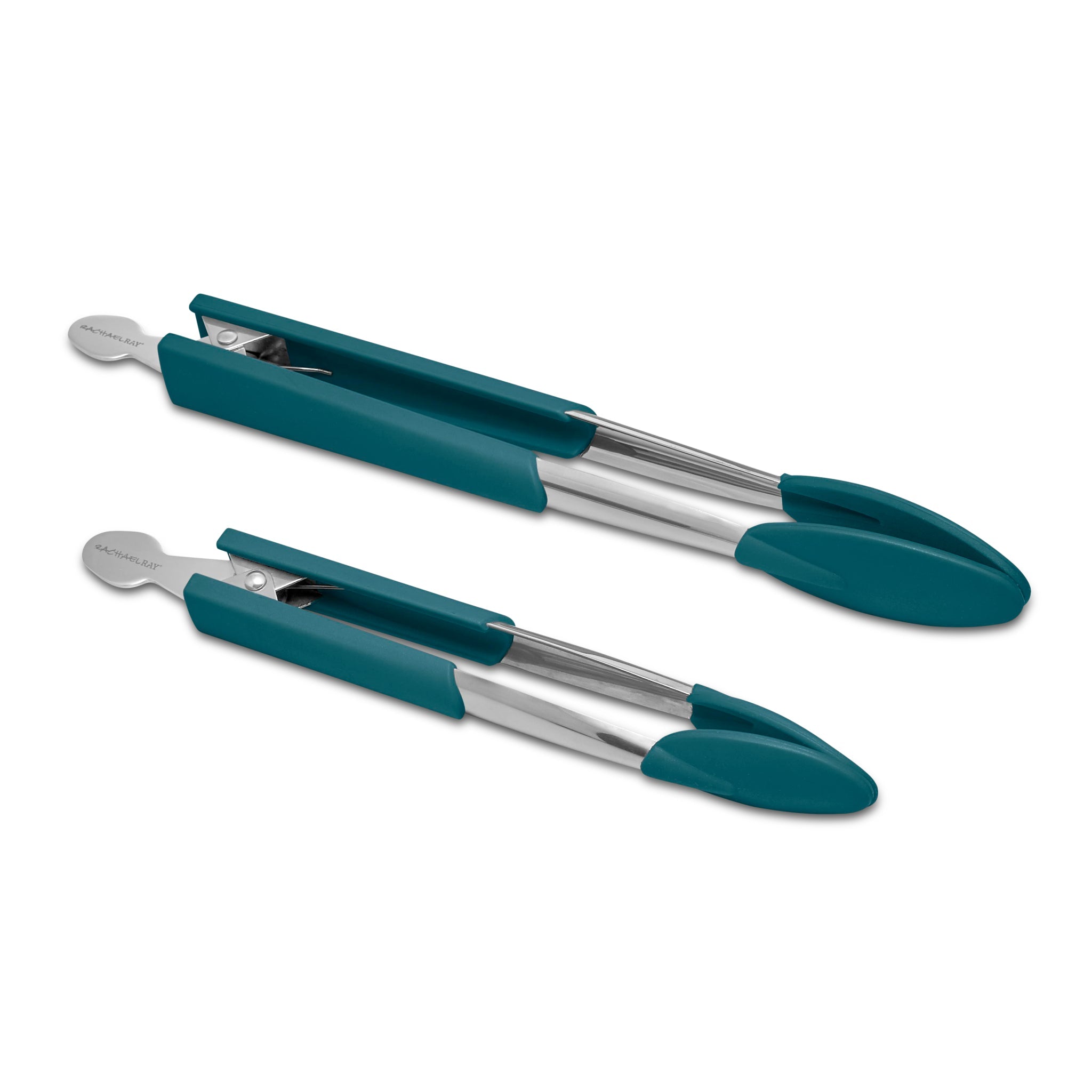 The 2-Piece Locking Tong Set includes two stainless steel kitchen tongs with stylish silicone function heads and teal grips, available in both large and small sizes.