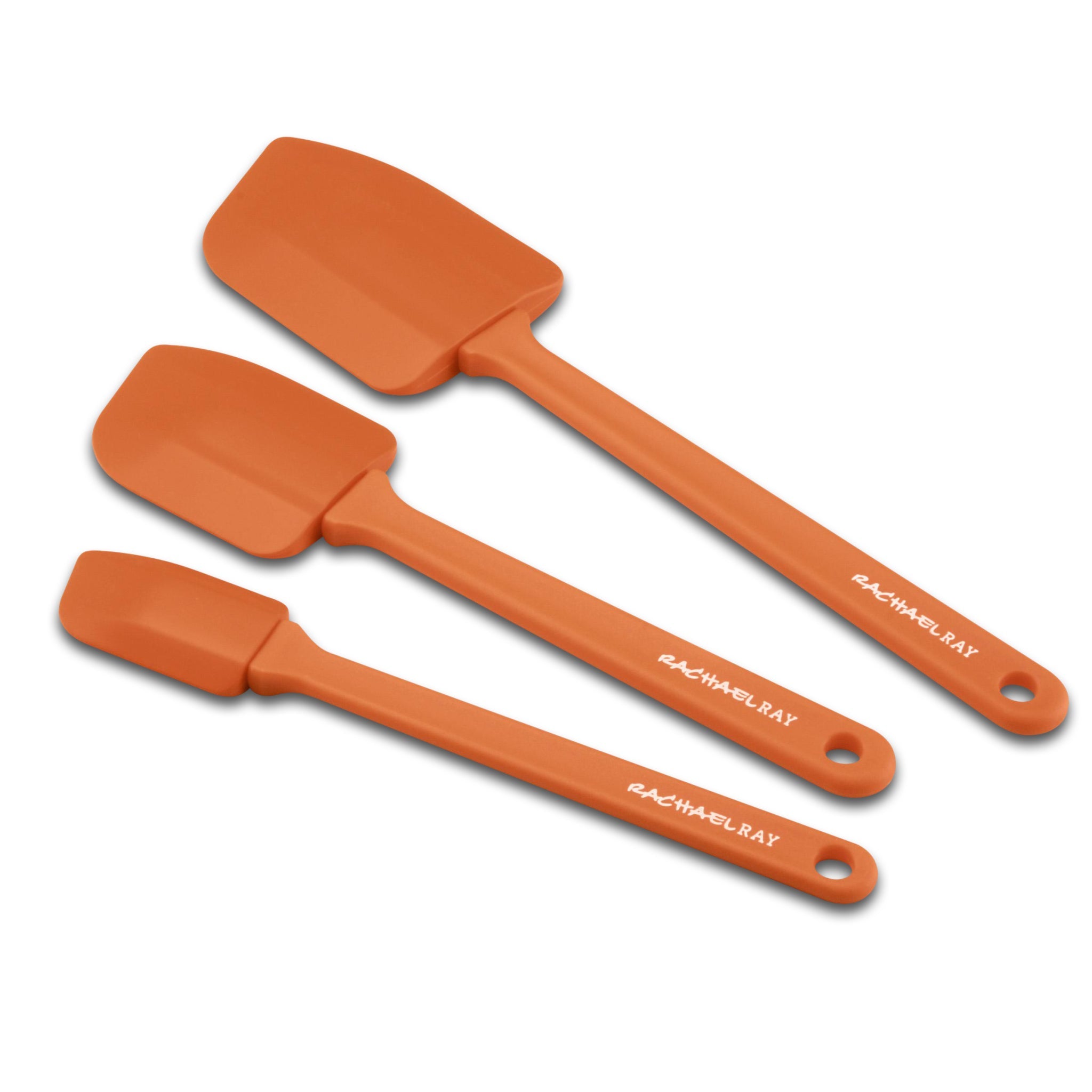 A set of three orange nylon spatulas of different sizes, ideal for your kitchen utensil collection, featuring "Rachael Ray" printed on the handles, known as the 3-Piece Lil' Devils Spatula Set.