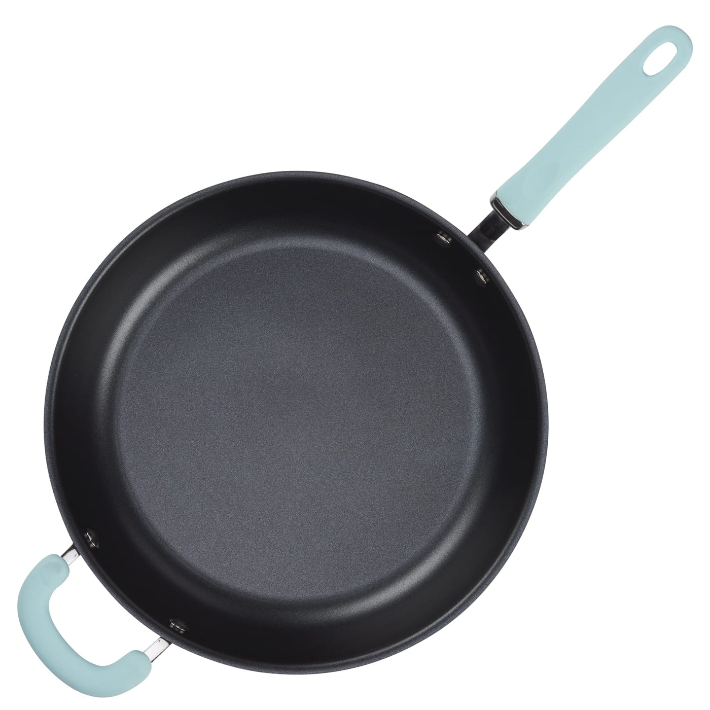 12.5" anodized nonstick frying pan with light blue helper handle, top view.