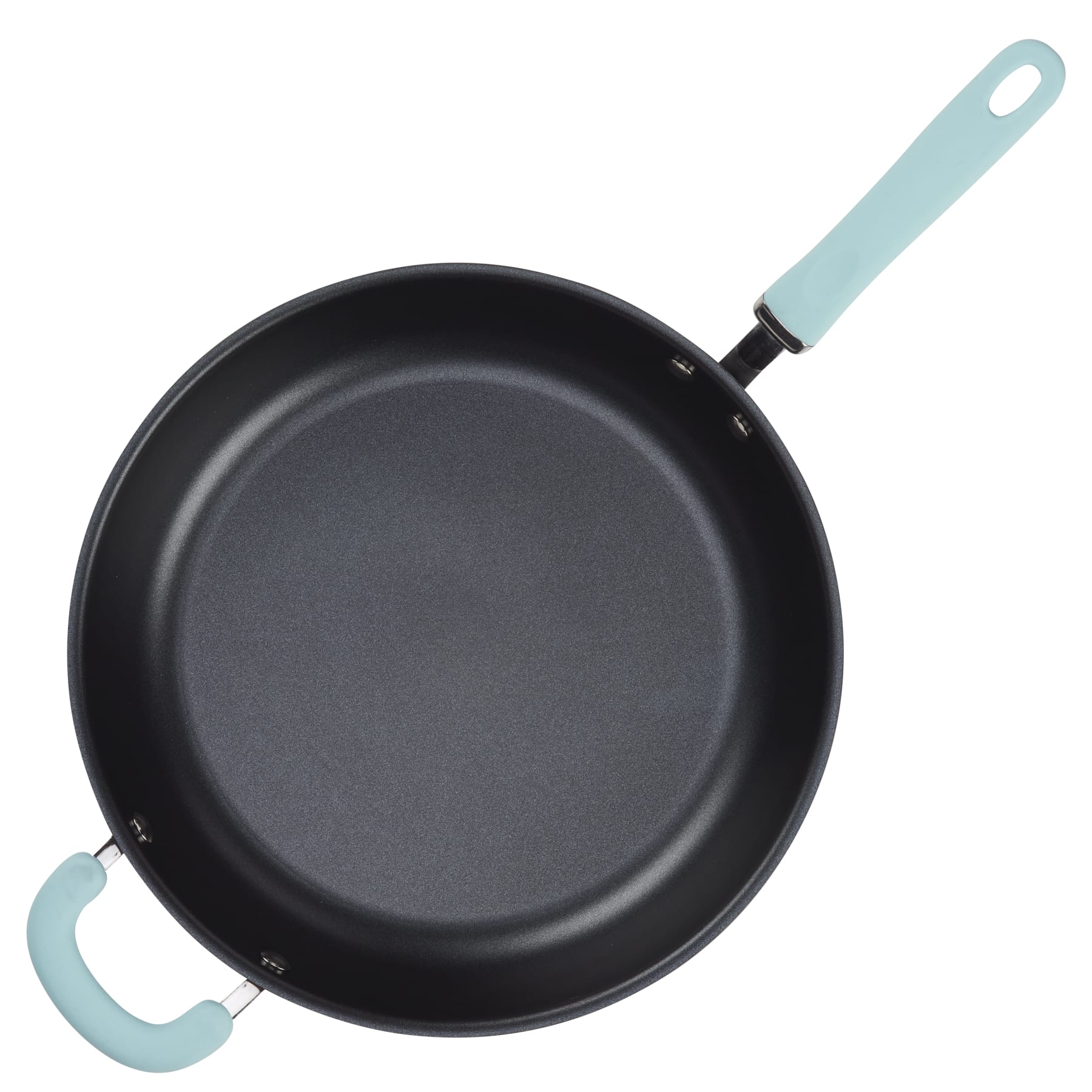12.5" anodized nonstick frying pan with light blue helper handle, top view.