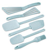Set of six kitchen utensils in light blue, designed to complement your nonstick cookware, with a sleek white background. Product: 6-Piece Tools Set.