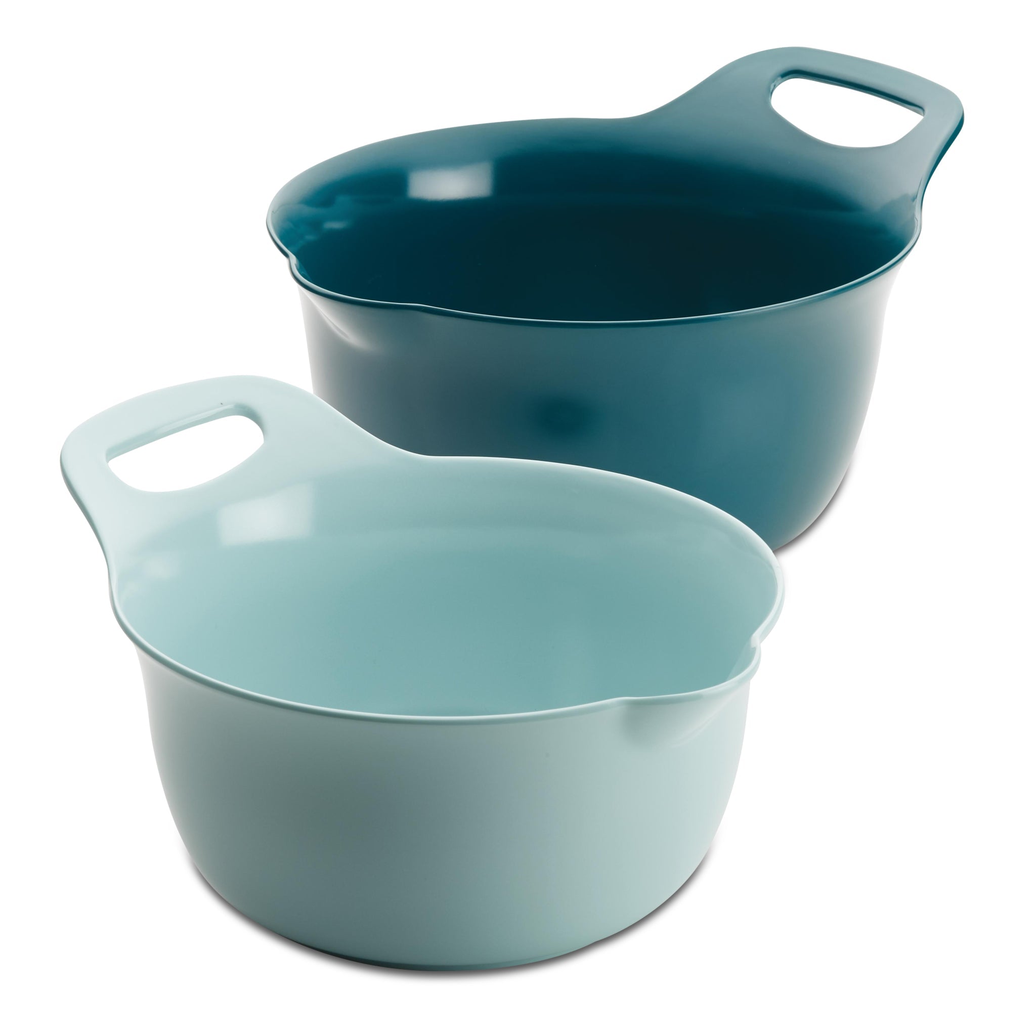 The 2-Qt. & 3-Qt. Nesting Mixing Bowl Set includes two plastic bowls in dark teal and light blue, each equipped with pour spouts, handles, and a non-slip rubberized bottom for enhanced stability.