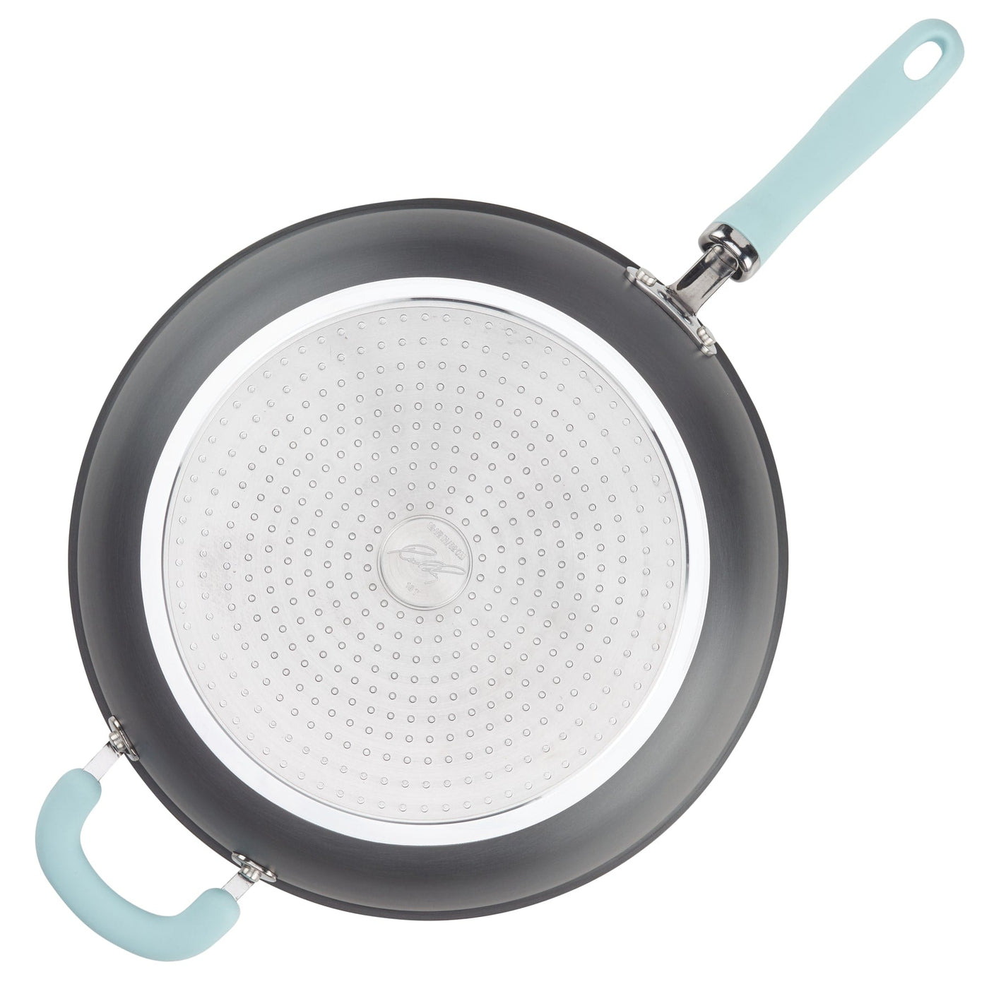 12.5" Anodized Nonstick Deep Frying Pan with Light Blue Helper Handle, top view.