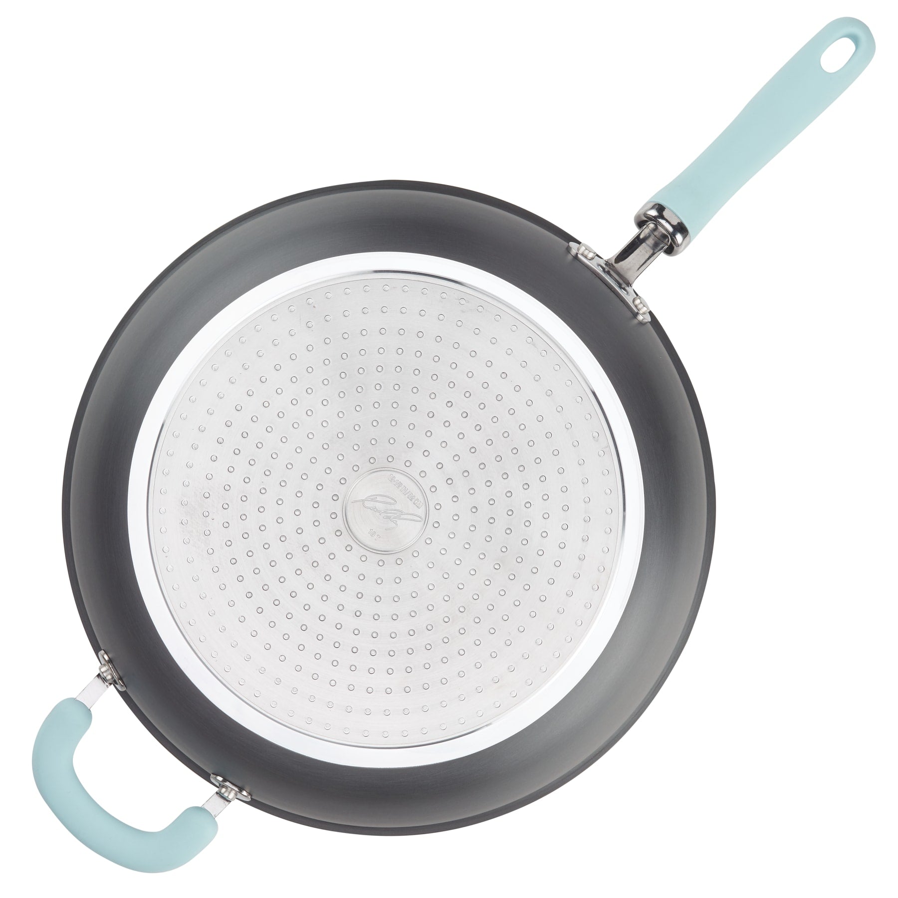 12.5" Anodized Nonstick Deep Frying Pan with Light Blue Helper Handle, top view.