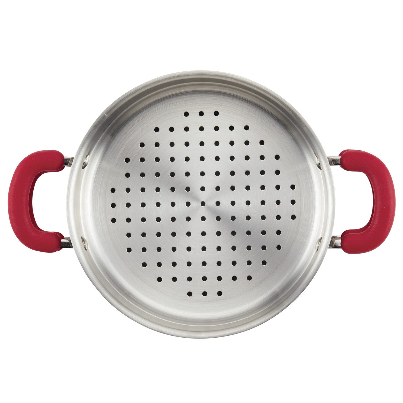 Stainless steel colander with red handles from 3-Quart Nonstick Induction Steamer Set.