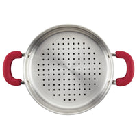 Stainless steel colander with red handles from 3-Quart Nonstick Induction Steamer Set.