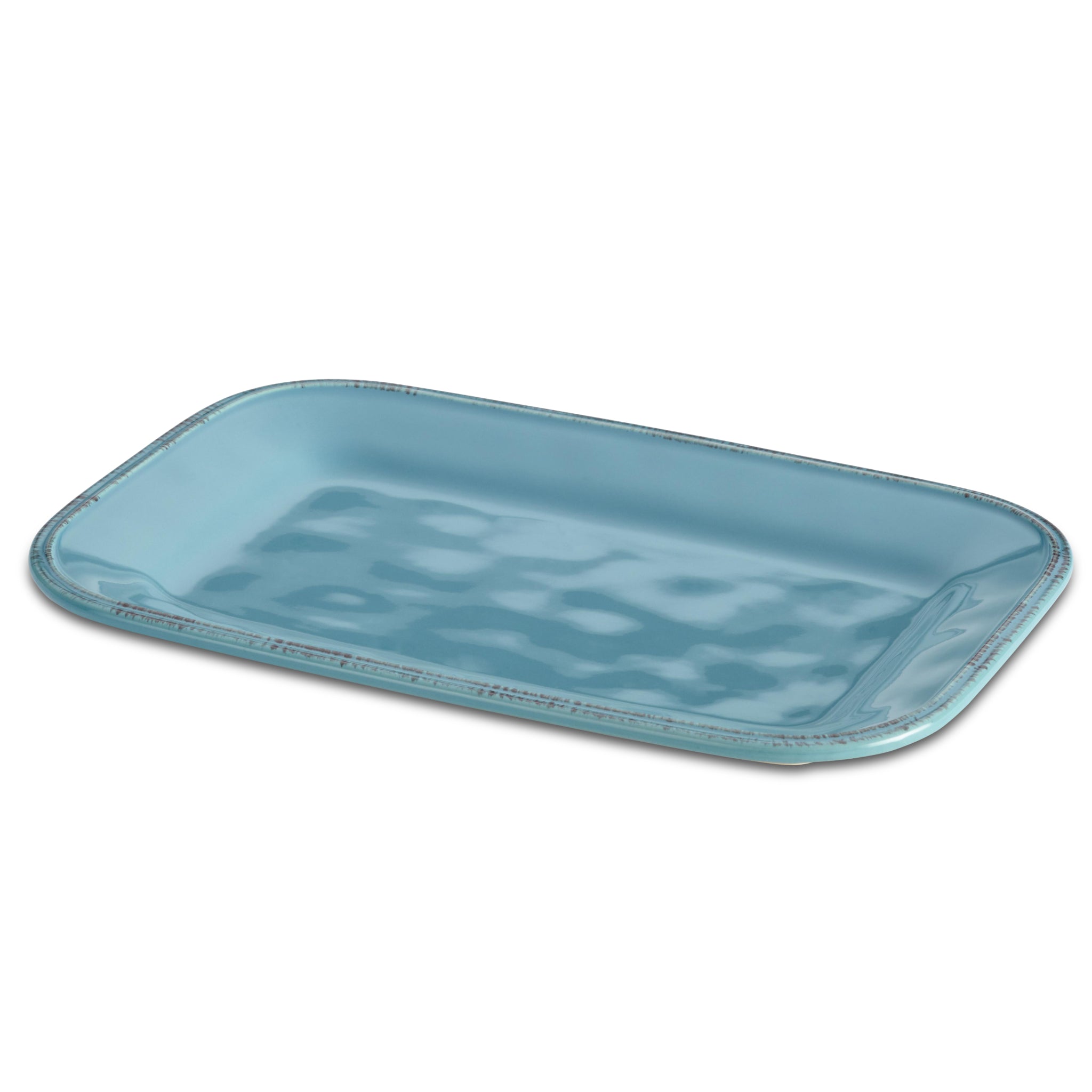 An 8" x 12" blue ceramic serving platter with a rectangular shape, featuring a slightly glossy finish and a stain-resistant glaze.