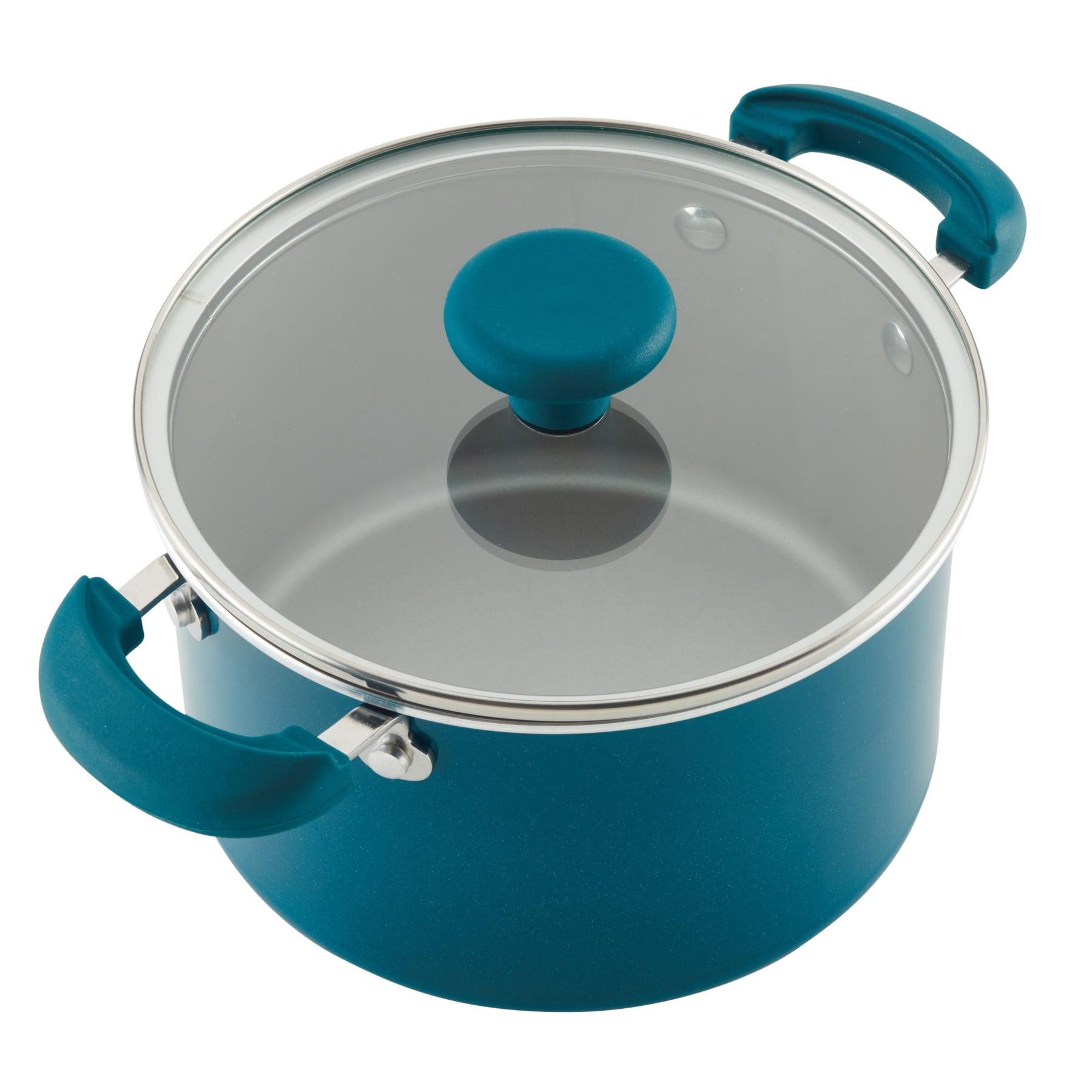 Teal 8-piece induction cookware set with glass lids and large handles.
