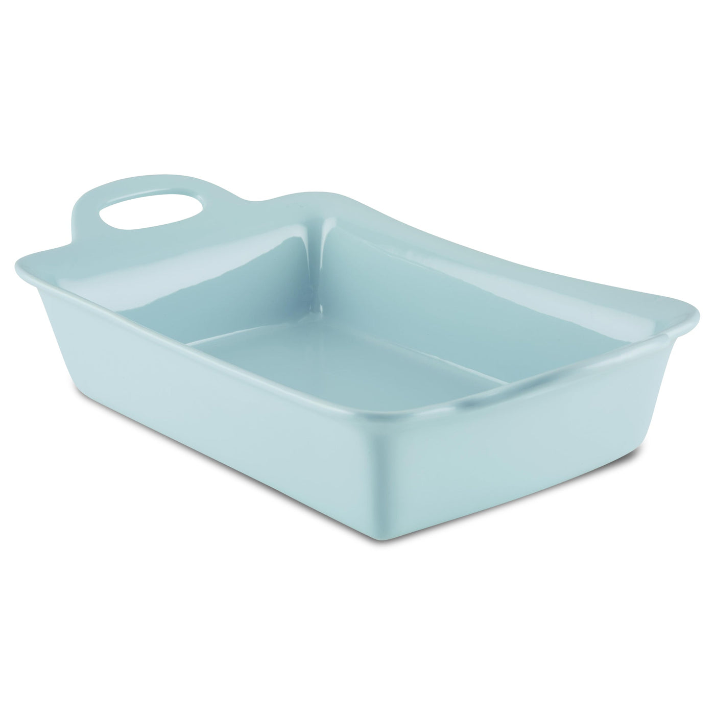 Light blue 9-inch x 13-inch ceramic baker with a handle on one side, perfect as an oven-safe casserole dish.