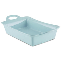 Light blue 9-inch x 13-inch ceramic baker with a handle on one side, perfect as an oven-safe casserole dish.