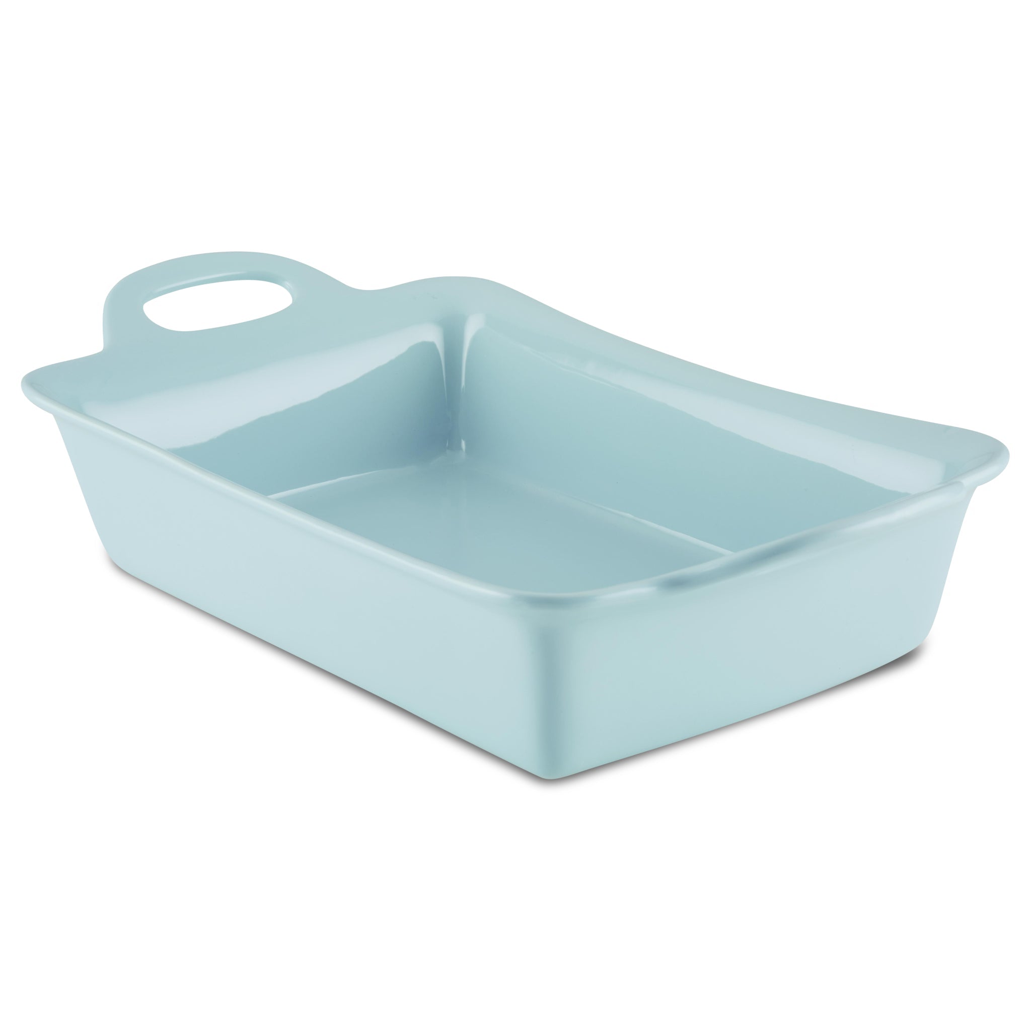 Light blue 9-inch x 13-inch ceramic baker with a handle on one side, perfect as an oven-safe casserole dish.